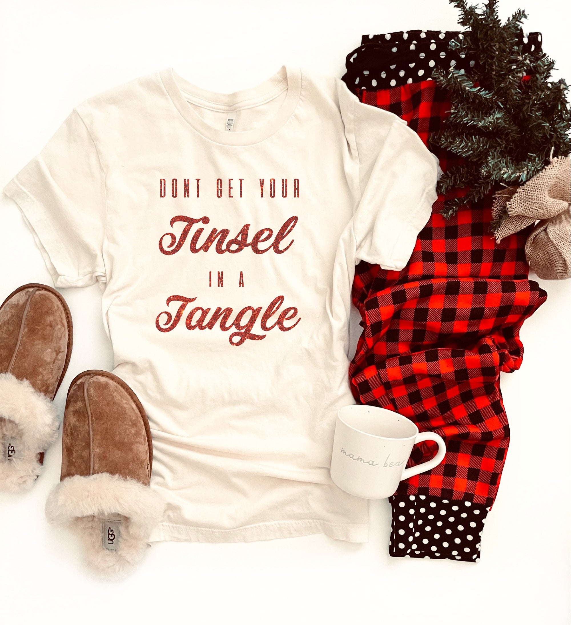 Tinsel in a tangle tee Short sleeve holiday tee Bella Canvas 3001 white 