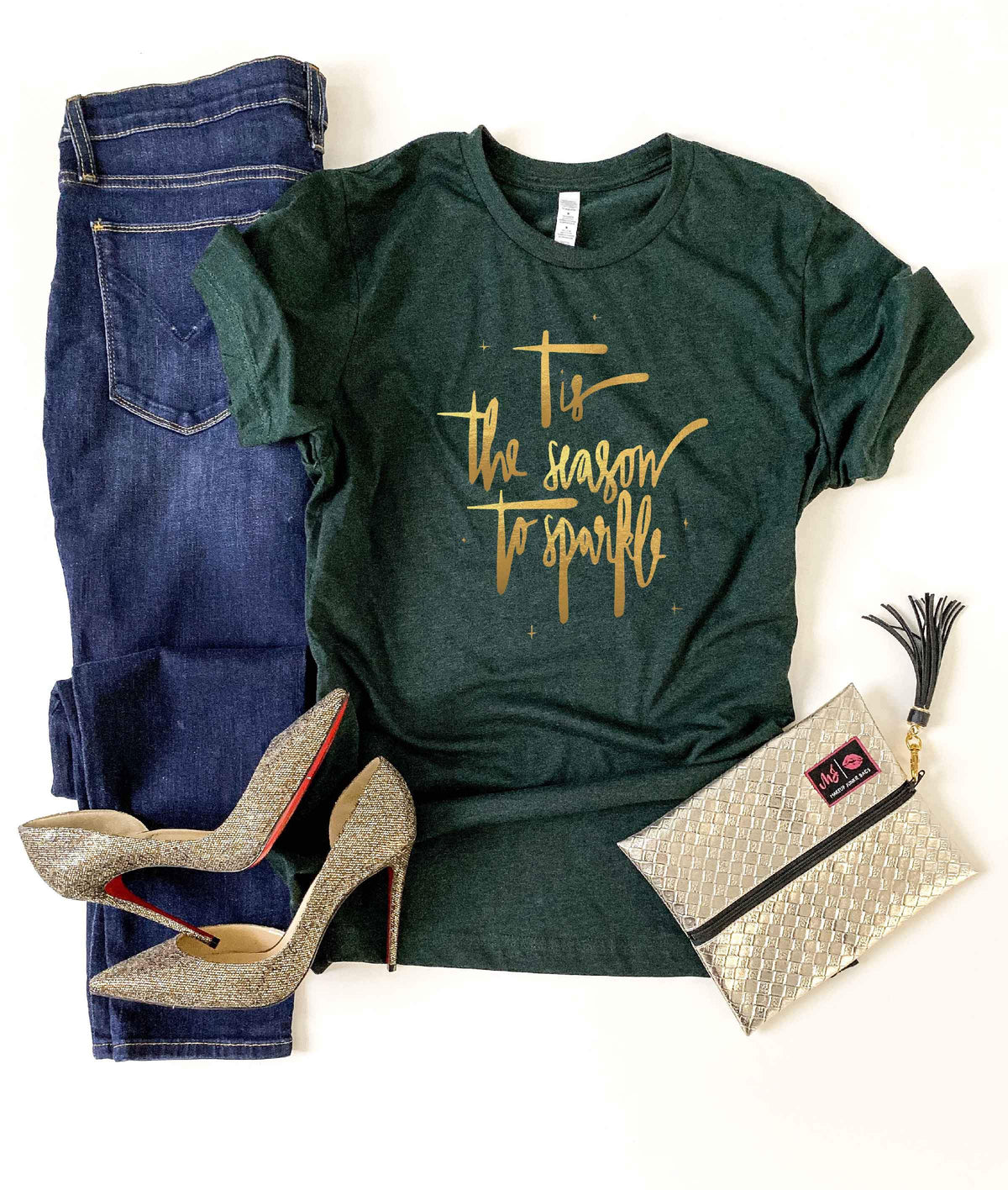 Tis the season to sparkle tee Short sleeve holiday tee Bella Canvas 3001 XS Heather emerald 