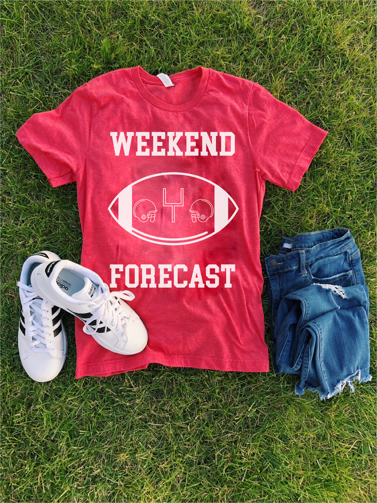 Weekend Forecast Short sleeve football tee Bella canvas and Next Level S Heather red 