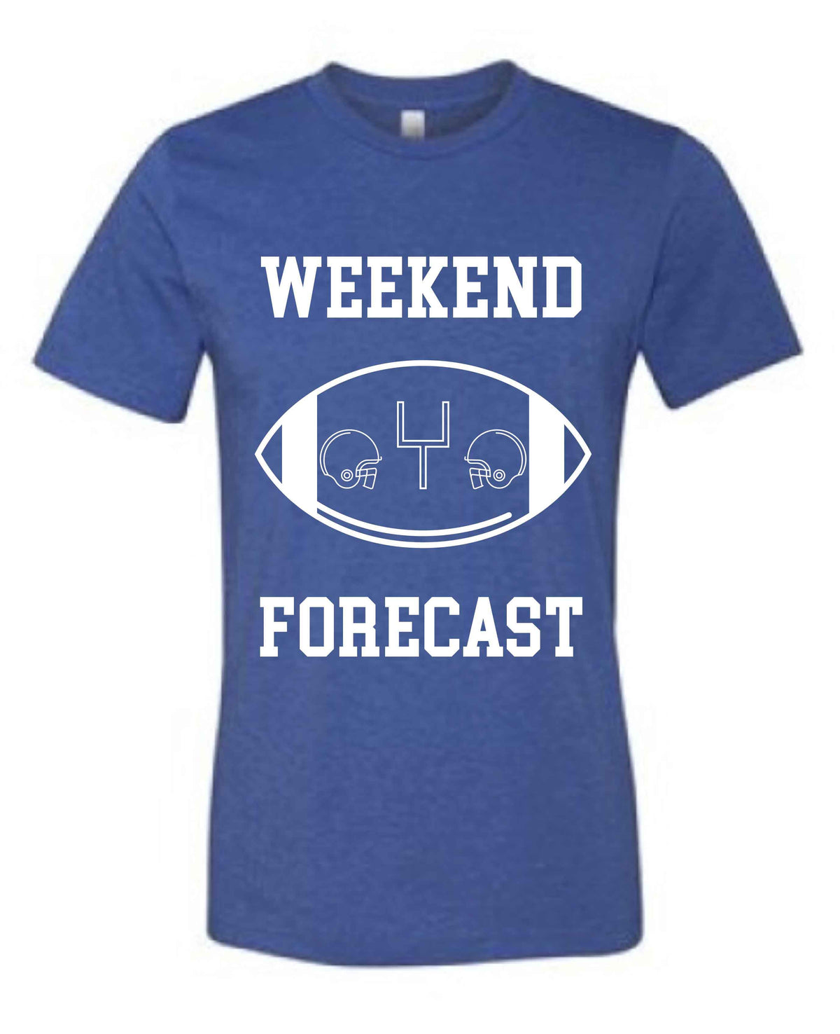 Weekend Forecast Short sleeve football tee Bella canvas and Next Level S Heather Royal Blue 