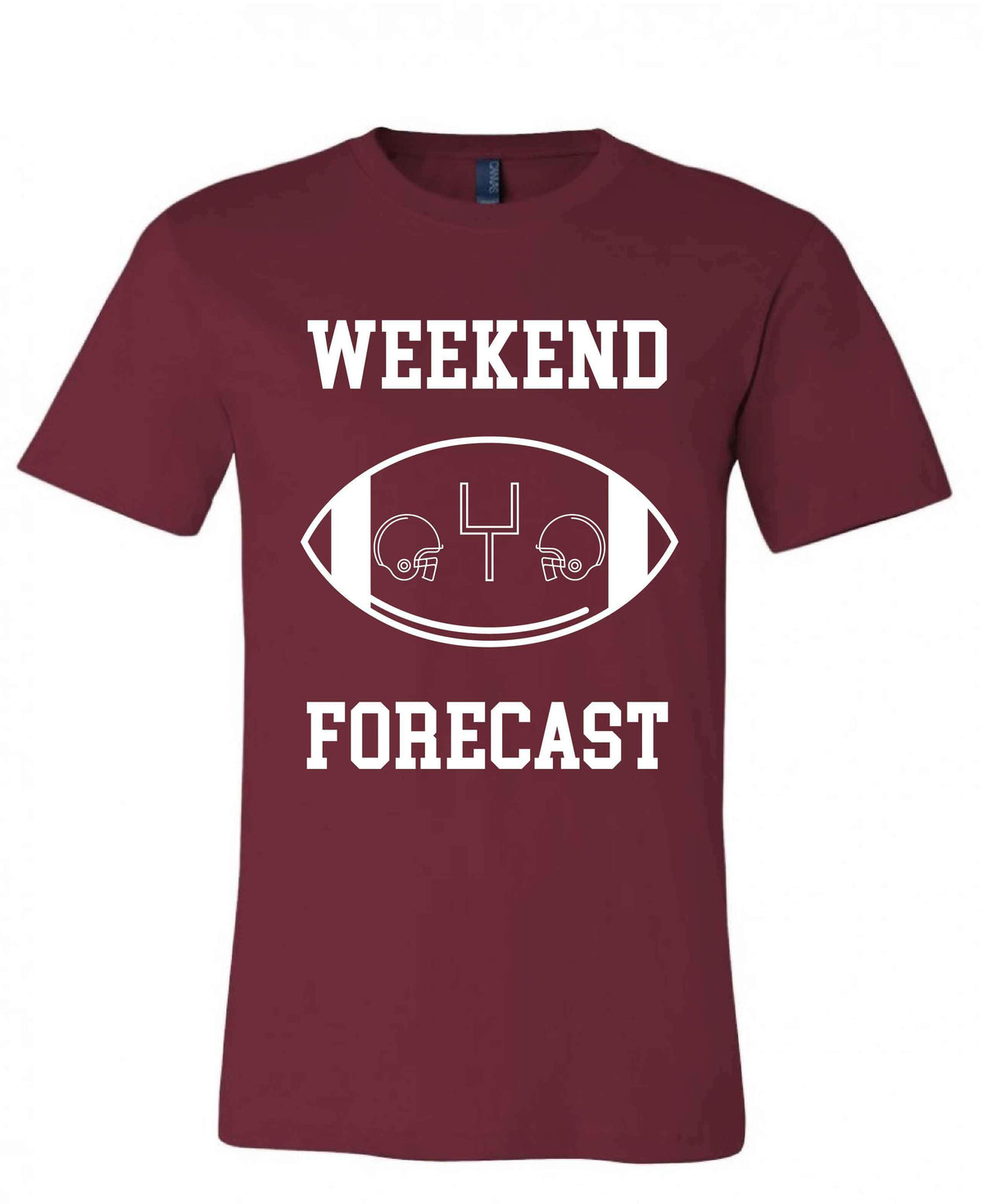 Weekend Forecast Short sleeve football tee Bella canvas and Next Level S Maroon 