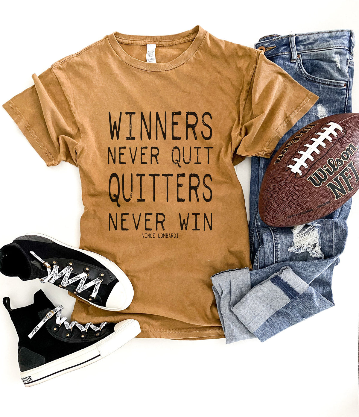 Winners never quit unisex vintage wash tee Short sleeve football tee Lane seven vintage wash tee XS Vintage camel 